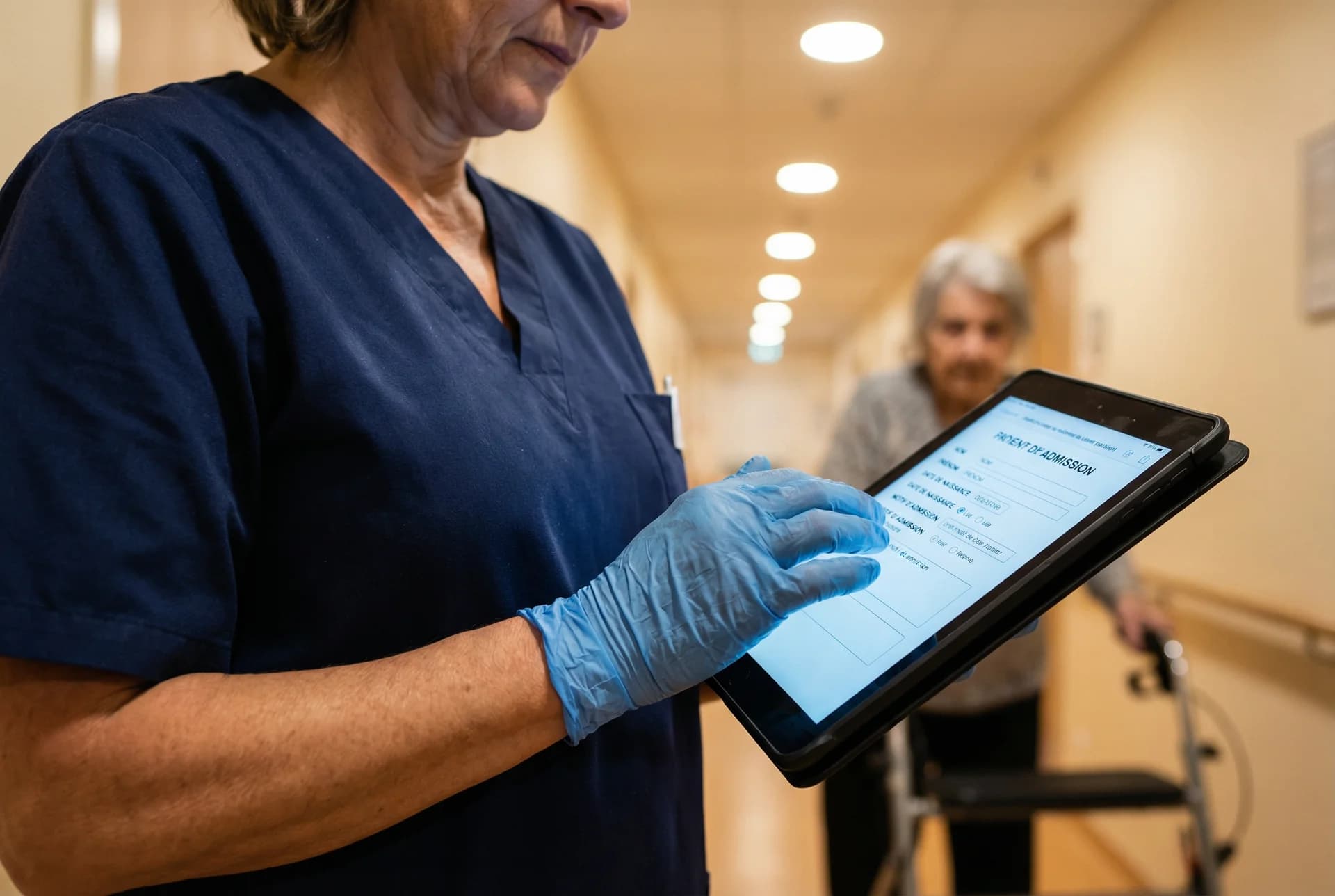 Infirmière utilisant une tablette pour consulter un dossier patient numérique